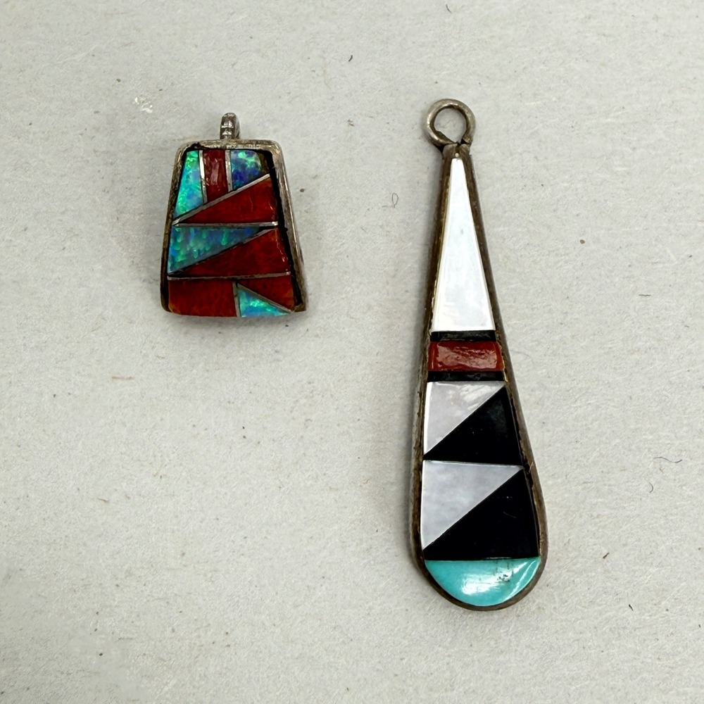 Zuni Sterling Silver Inlay Pendant Set RGB Booqua Signed Turquoise Coral